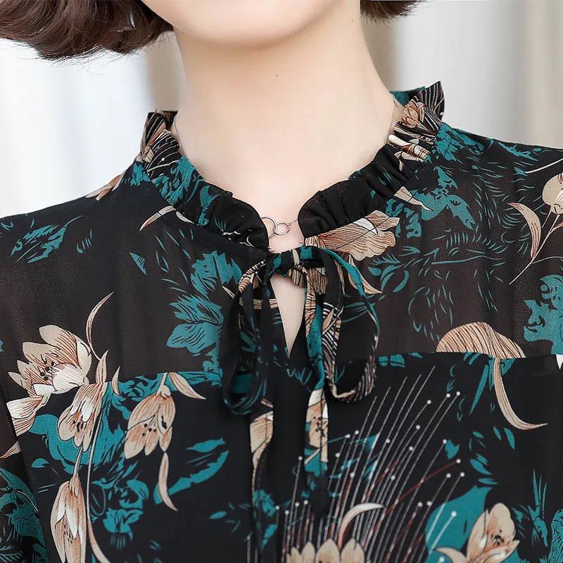 Damen Frühling Sommer und Herbst Vier Jahreszeiten Modelle Slim Dünn Temperament Rüschenkragen Chiffon Druckkleid Langarmkleider