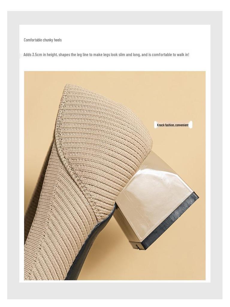 Women’s Breathable Knit Square Toe Chunky Heel Casual Shoes - 4cm Medium Heel, Plus Size, Soft Sole, Summer Style.