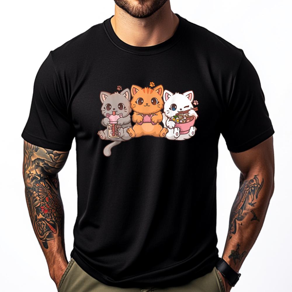 

Kawaii Gaming Gamer Cat Boba Tea Cat Bubble Tea Ramen Cats Graphic Tee Cotton Men s Clothes England Style 5XL різнокольоровий