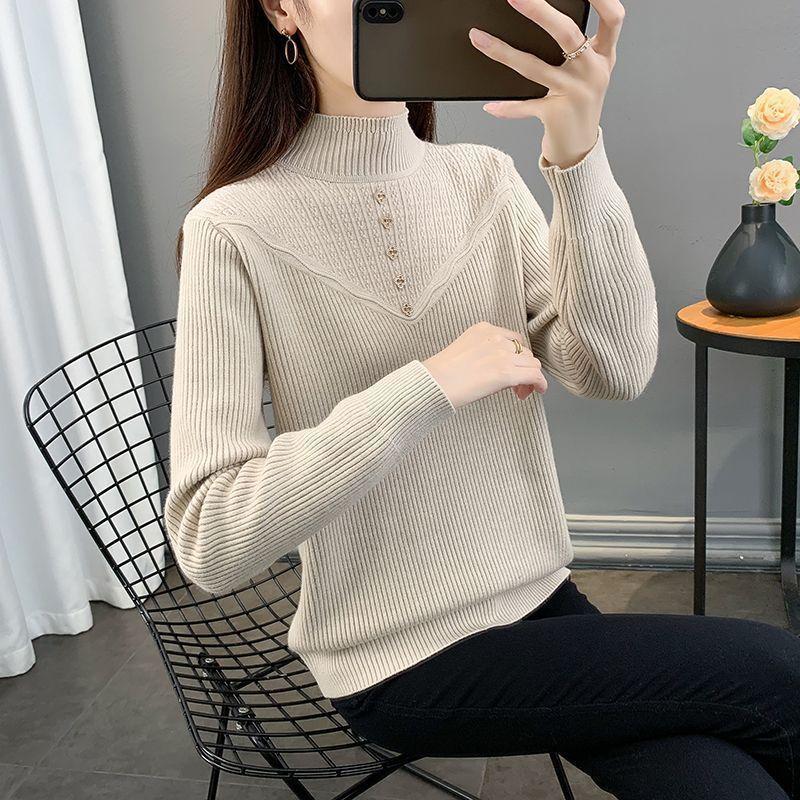 Damen Einteiliger Samtpullover mit Verdicktem Samtfutter und Halbhohem Kragen Pullover Slim und Warm Strickpullover Top für Herbst und Winter