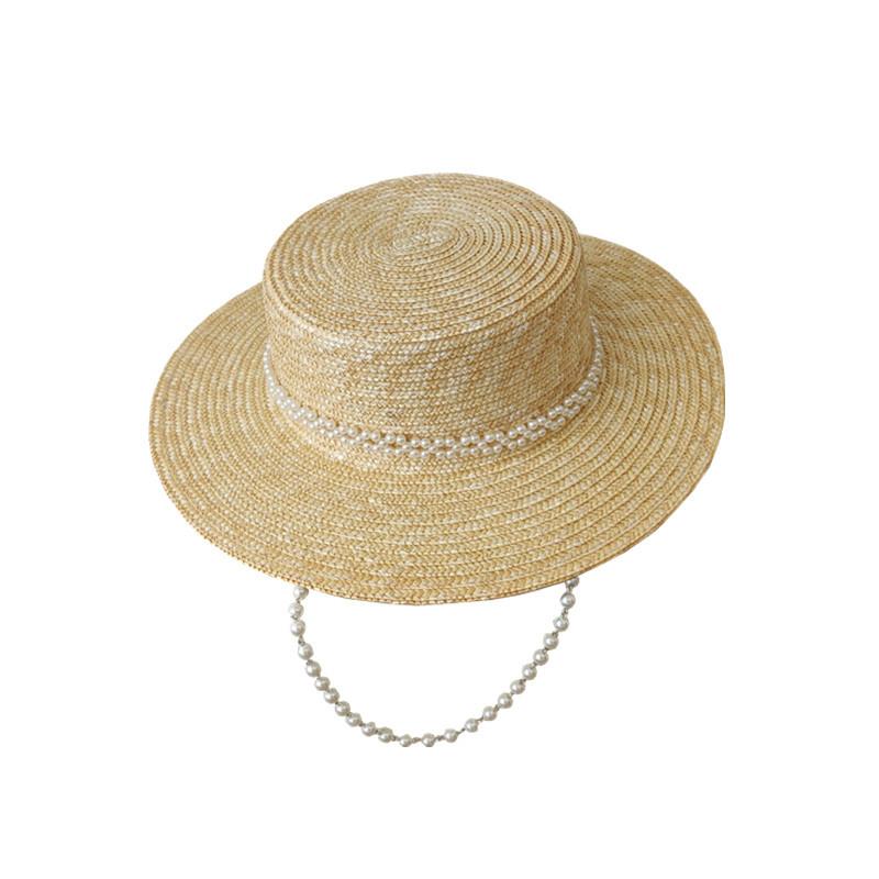 French pearl neck chain flat top straw straw hat sun hat women's summer versatile temperament socialite seaside hat