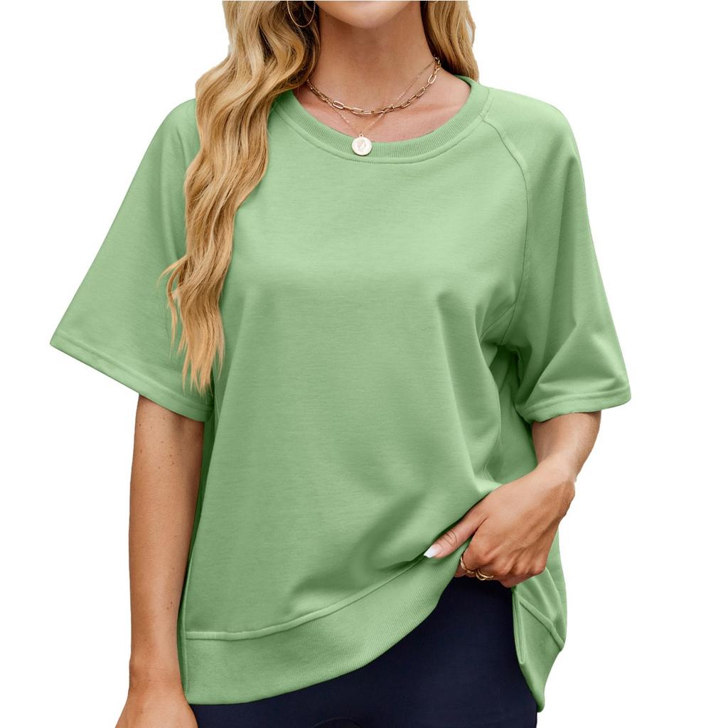 Damen-T-Shirts - Damen Einfarbig Gerippt Rundhals Ellbogenlange Locker geschnittenes T-Shirt Sweatshirt Frühling Sommer Lässiges Oberteil für Europa Amerika