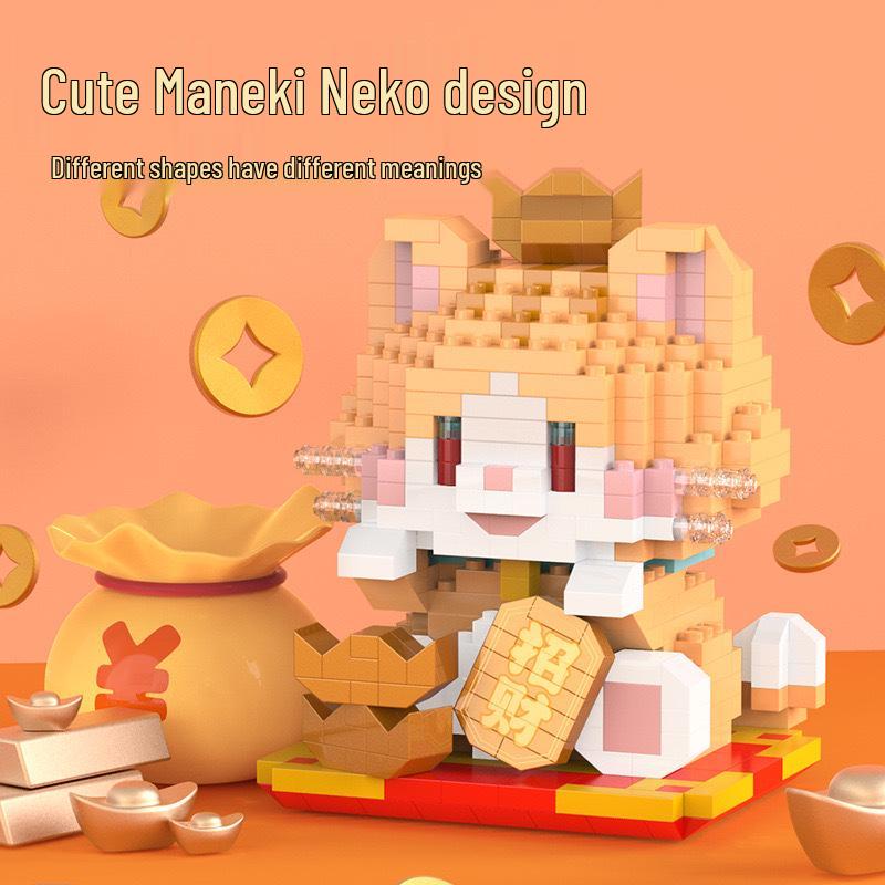 Lele Brothers Lucky Cat Diary Ornament: Cute Children's Day Gift, Micro-Particle Building Blocks.