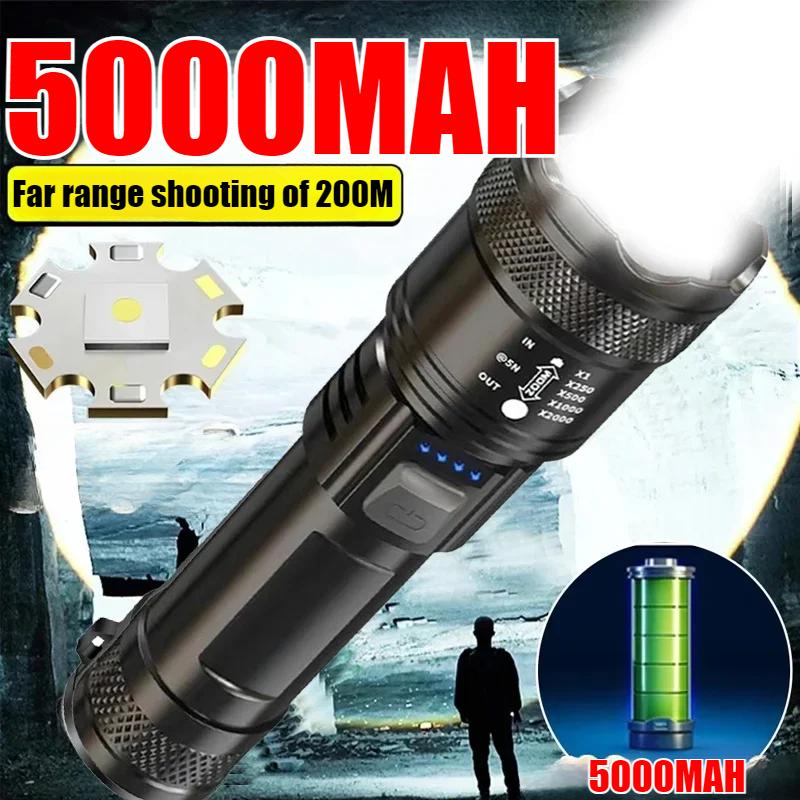 High Strong Power Led Flashlights 2000LM  Torch with Display Light USB Charging Camping Fishing Emergency Zoom Lantern