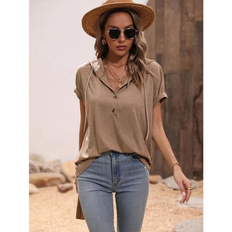 Summer Short Sleeved Hooded Women T-shirt New Loose Buttons Casual Simple T Shirt Female Plus Size Tops Women's Clothing 3267