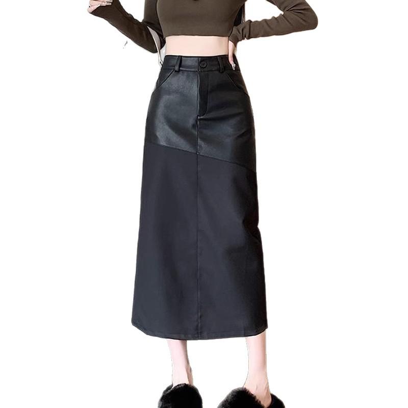 Women's Plus Size PU Leather Midi Skirt - High Waist, Back Slit, Casual A-line Pencil - Autumn/Winter 2025 Collection