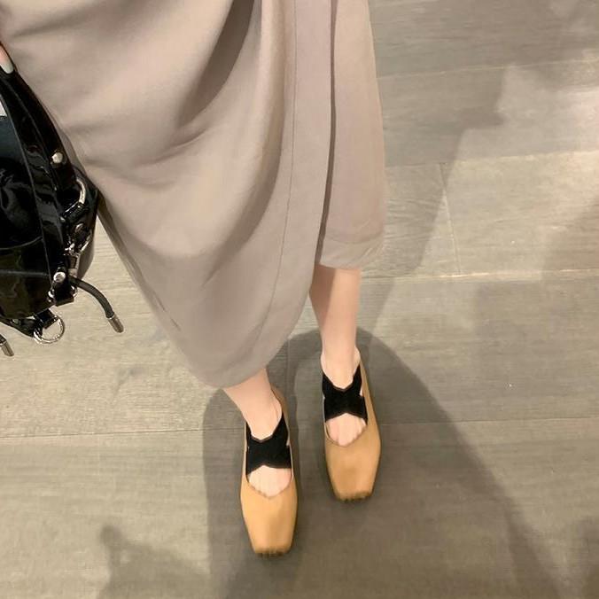 Cowhide Version~ British Style Square Head Leather Ballet Single Shoes Women's Cross Strap Thick Heel Mary Jane Small Leather Shoes Ladyshoes