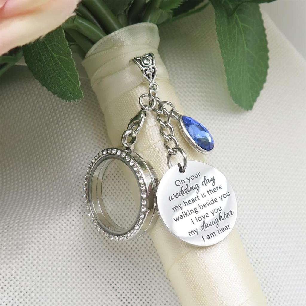 IDLAN Wedding Bouquet Locket Charm Rhinestone Photo Charm Memorial Bridal Bouquet Charm Memorial Photo Keepsake Something blue