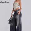 RogueWave Women Denim Trousers  Y2K-Style Side-Flame Embellished Rhinestone Washed Low-Rise Wide-Leg Jeans