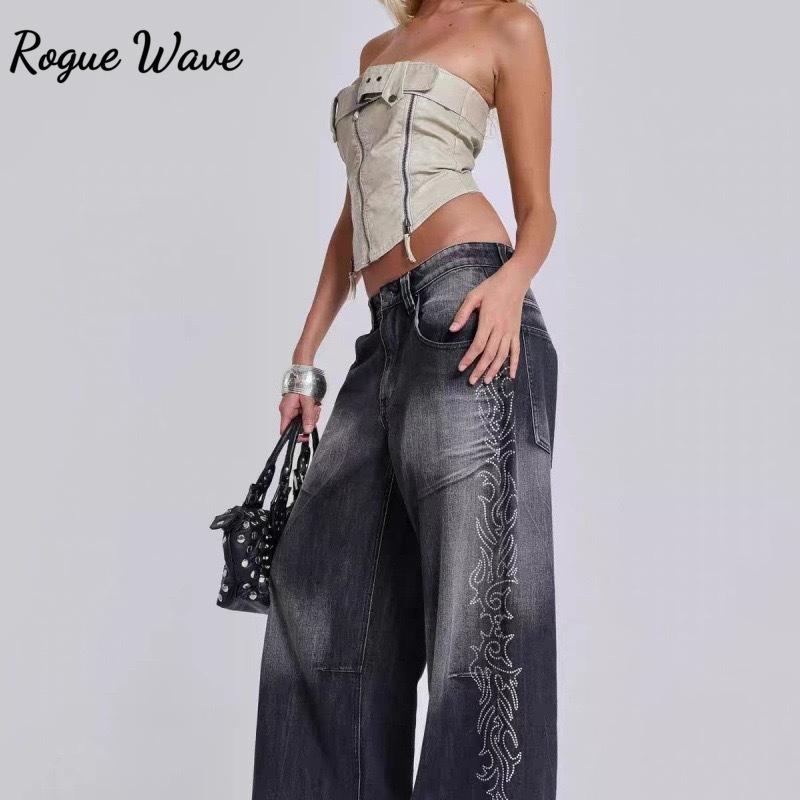 RogueWave Women Denim Trousers Y2K-Style Side-Flame Embellished Rhinestone Washed Low-Rise Wide-Leg Jeans