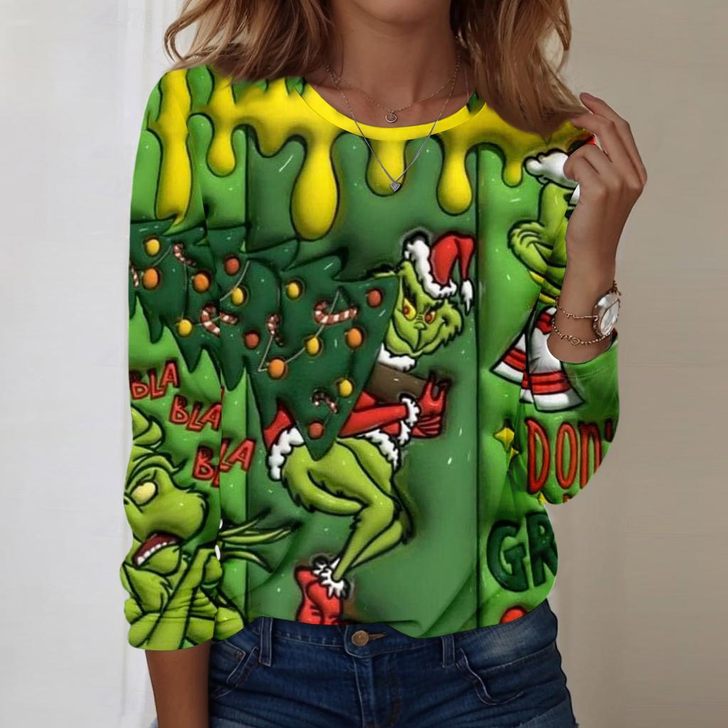 Damenmode, lässig, langärmelig, bedruckt, Rundhalsausschnitt, Pullover, Top, Bluse