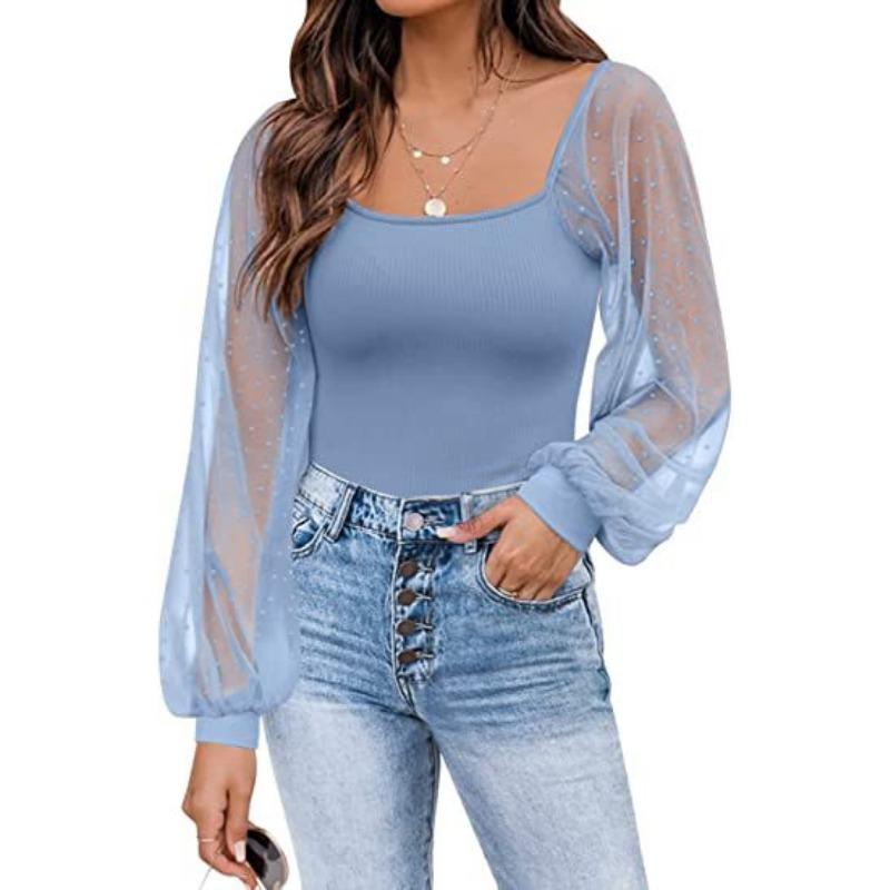 

Летняя женская блузка, модный прозрачный топ с рукавами-фонариками и отделкой для похудения XXL синий