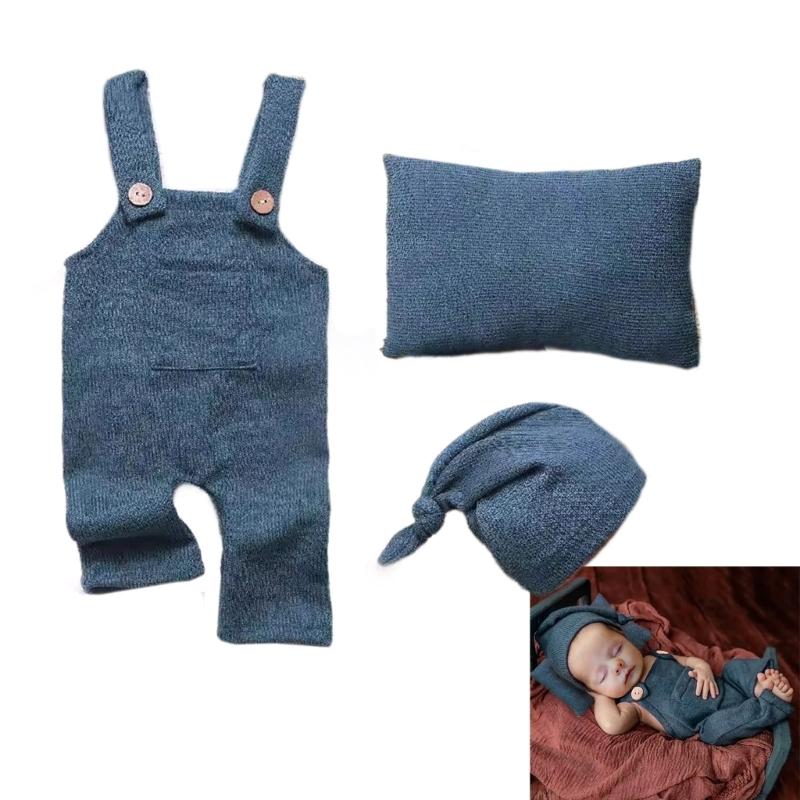 Infants Photo Shoots Apparel Set Solid Color Jumpsuits and Knotted Hat Pillow Photography Props for Baby Pictures Taking