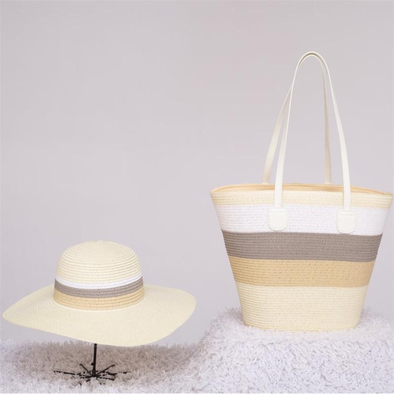 Woven Sun Hat And Large Capacity Straw Tote With Striped Pattern For Travel And Casual Wear