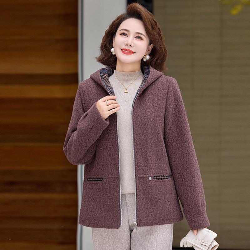 Women's Stylish Hooded Faux Wool Winter Jacket for Middle-Aged and Elderly