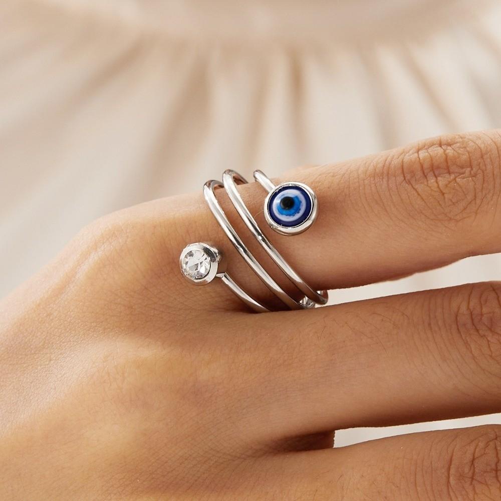 Bague Œil Bleu Double Zirconium Couleur Argent Bague de Doigt Réglable Anneaux Torsadés Tendance Fête