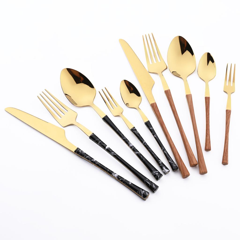 High Quality Black Gold Stainless Steel Dinnerware New Imitation Wood Handle Cutlery Set Knife Fork Coffee Spoon Tableware Kitchen Silverware