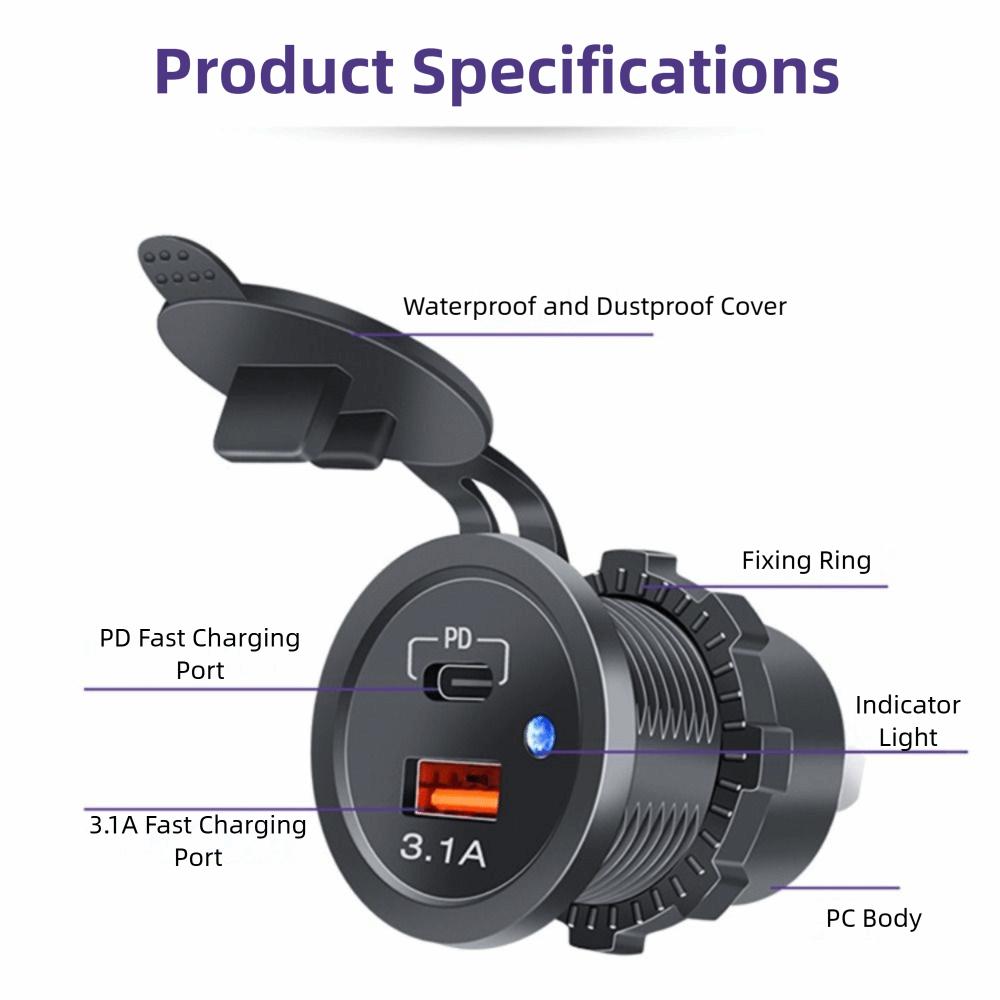 LED Light Car Charger 12V-24V Power Socket Adapter PD USB Outlet  RV