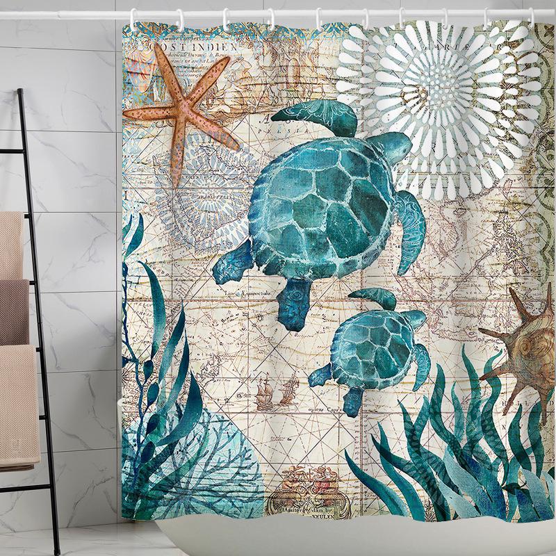 Coastal Marine Shower Curtain: Dolphin, Starfish, Seahorse, Seashell, Sea Turtle - Moisture-Proof, Mildew-Resistant, Waterproof, Beach Bathroom Décor