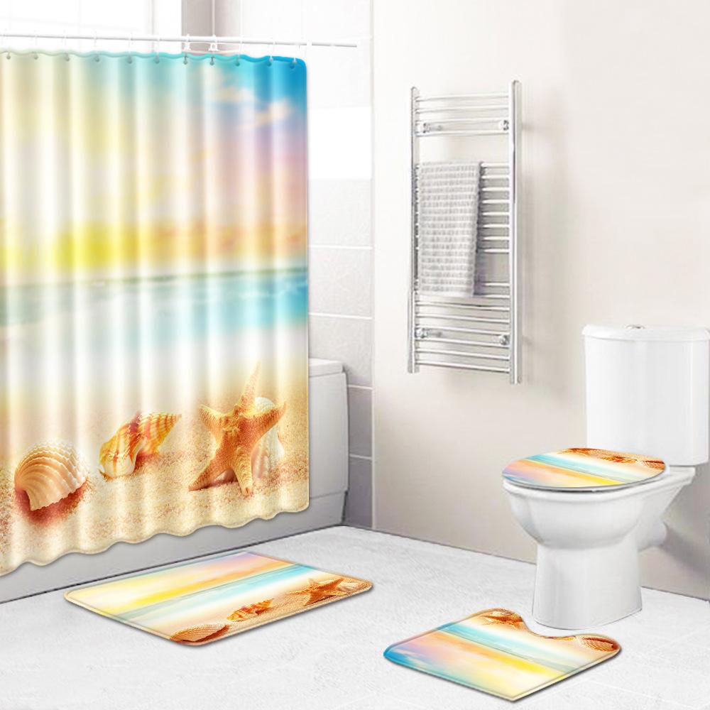 Beach Shower Curtain Floor Mat Combination Four-Piece Set Bathroom Toilet Carpet Shower Room Mat Foot Mat
