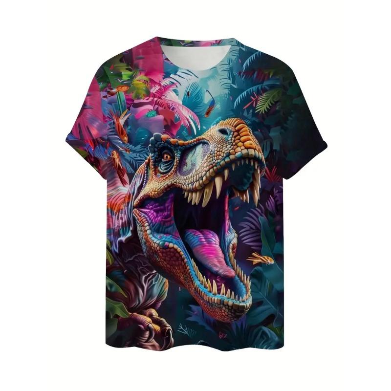 Men's 3D Dinosaur Printed T-shirt Casual Short Sleeved Round Neck Breathable Polyester Fabric Summer Style