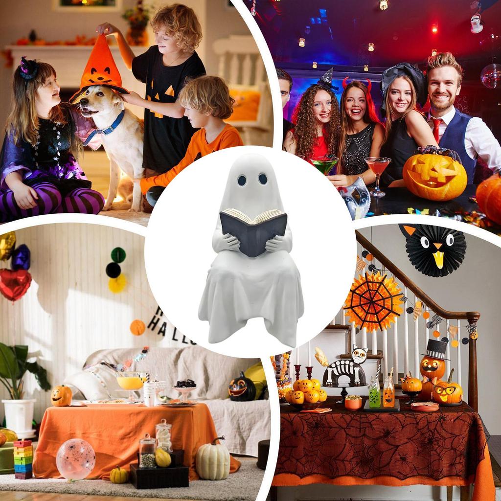 Halloween Ghost Reading Figurine Ornament Resin Cute White Ghost Statue Ghost Decoration For Living Room Offices Bedroom