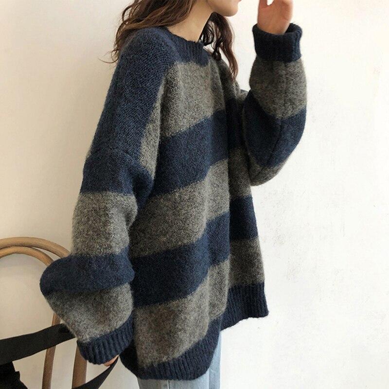 Utumn Vintage O Neck Knitted Pullovers Sweater Women Loose Casual Contrast Striped Sweaters Winter Warm Knitwear Jumpers 28594