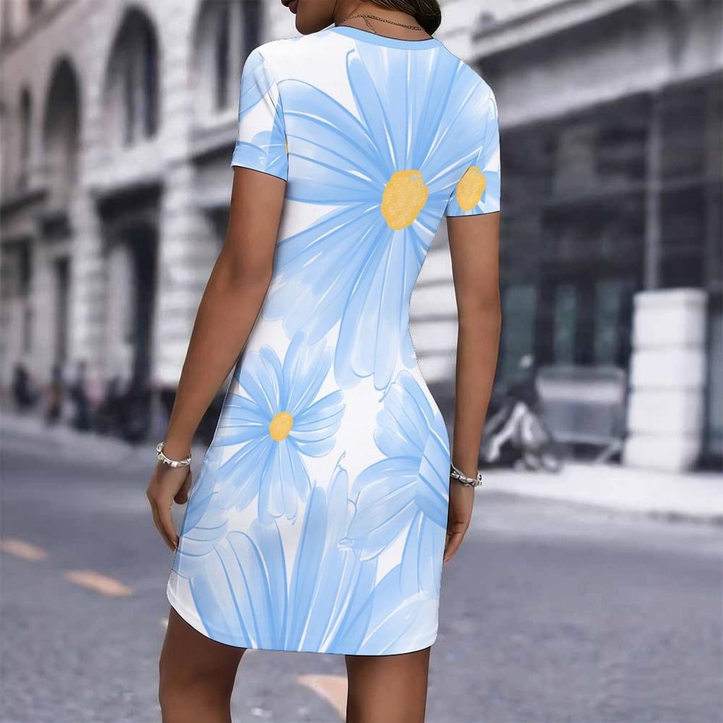 Fashion Womens Loose Diverse Flowers Pattern Print O Neck Short Sleeve Loose Streetwear A-line Dress