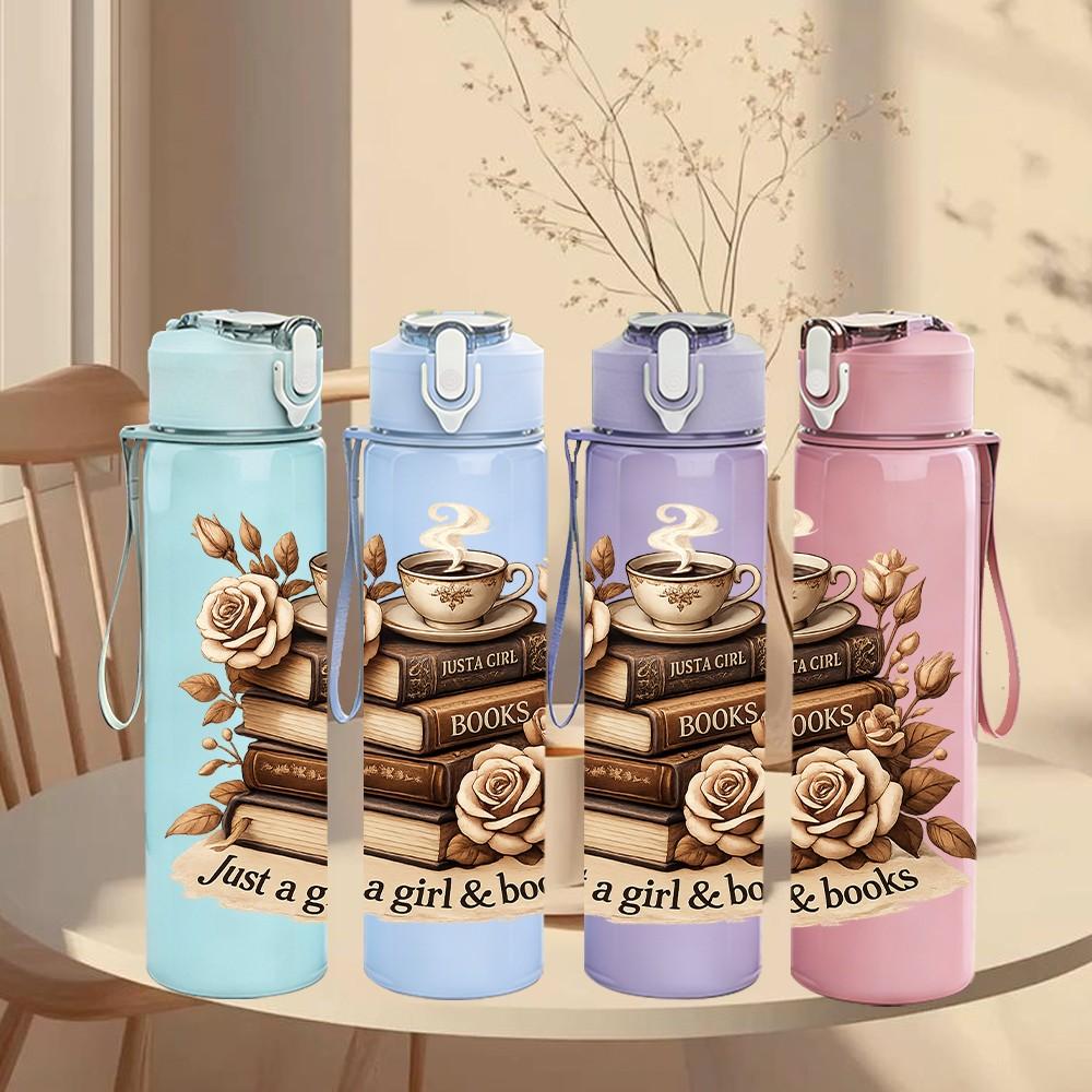1PC Vintage Books Rose Coffee Print 750ml Color Plastic Sports Water Bottle Leakproof Flip Straw Lid Suitable for Sports Office Home Use
