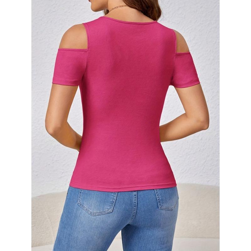 Summer New Fashionable Off-shoulder Solid Color Sexy V-neck T-shirt Slim Pullover Top