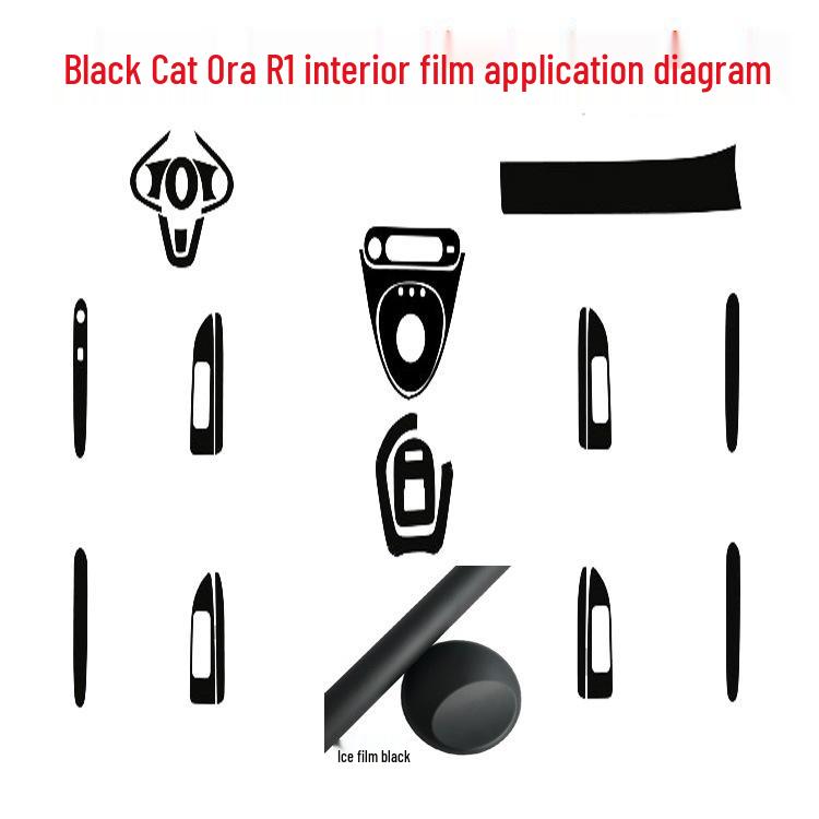 Carbon Fiber Interior Decor Stickers for Black Cat Ora R1: Central Control, Gear Position, and Door Panels