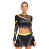 Womens Cheerleading Costume Set Long Sleeve Rhinestone Crop Top Matching Dance Skirt Performance Outfit