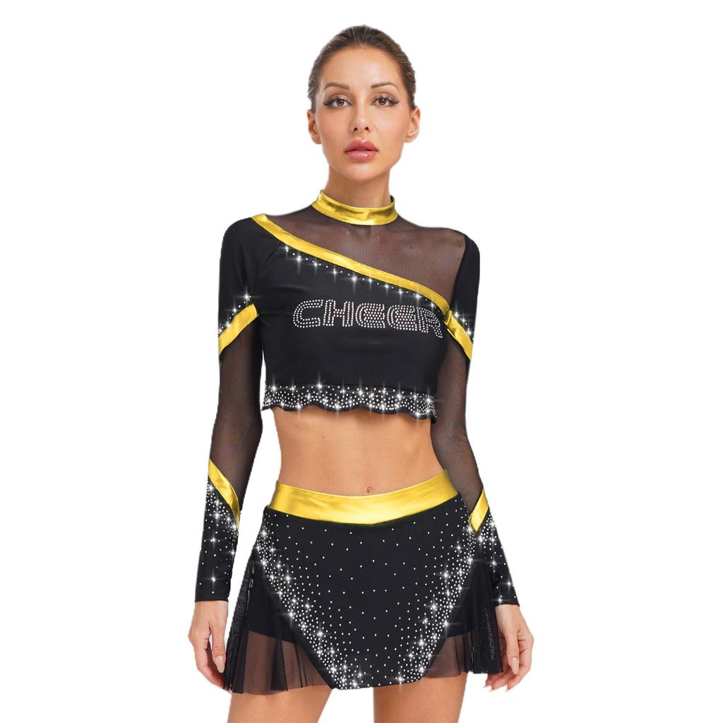 Womens Cheerleading Costume Set Long Sleeve Rhinestone Crop Top Matching Dance Skirt Performance Outfit
