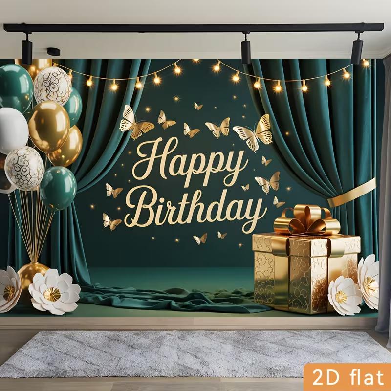2D Grün Gold Geburtstag Fotografie Hintergrund Vorhang & Schmetterling Fotokabine Banner