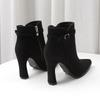 2026 Autumn and Winter New Fashion Korean Version Suede Pointed Toe Women's Block Heel High Heels Colorblock Booties