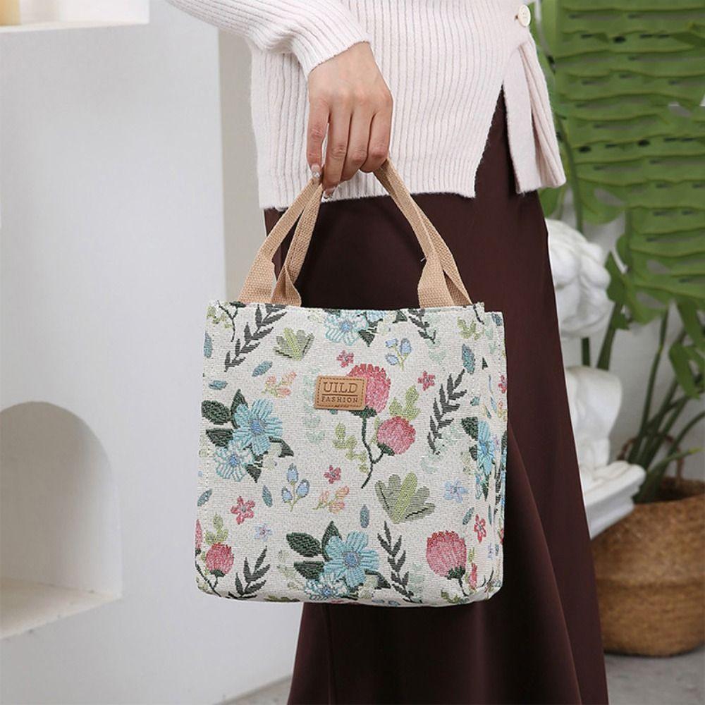 

Large Capacity Floral Pattern Handbag Aesthetic Canvas Lunch Bag Ethnic Style Shoulder Bag School бежевий