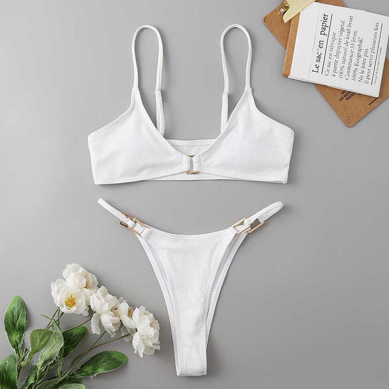 Neuer, geteilter Damen-Badeanzug aus kleinem Rippstrick in Unifarben, Sommer-Sexy-Bikini für Damen