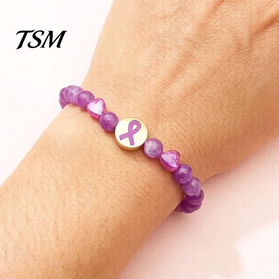 Durable Alloy Ribbon Wrist Jewelry Breast Cancer Awareness Bracelets, Charm Beads Elastic Beaded Bracelet for Women Bracelet, Encouragement