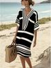 Polyester Digital Print Striped Vneck Dress With Short Sleeves For Casual Summer Wear