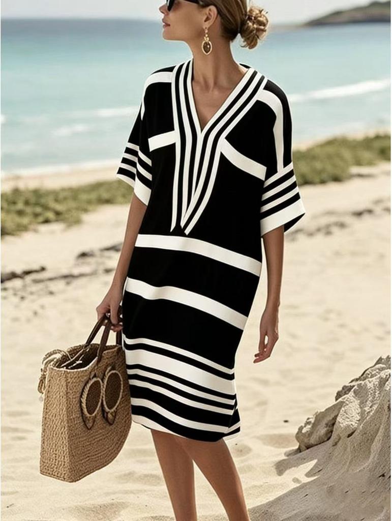 Polyester Digital Print Striped Vneck Dress With Short Sleeves For Casual Summer Wear