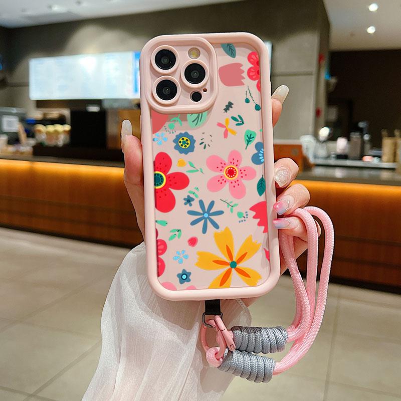 Wrist Chain Lanyard Phone Case for iPhone 11 12 13 14 15 16 Pro MAX XS Max XR 7 8 16 Plus Cute Flower Hand Strap Soft TPU Cover