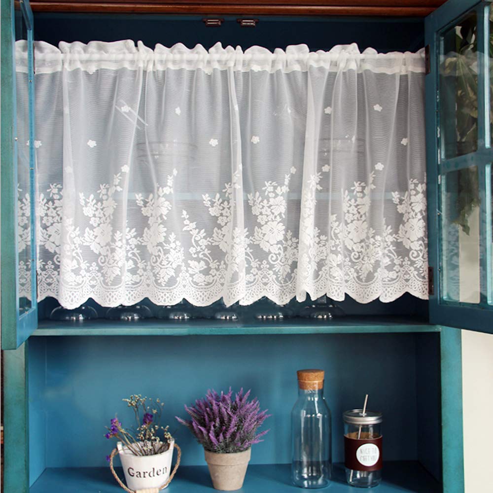 European White Lace Valance for Kitchen Windows, Vintage Floral Patterned Lace Valance Curtain , Rod Pocket1 Panel, White