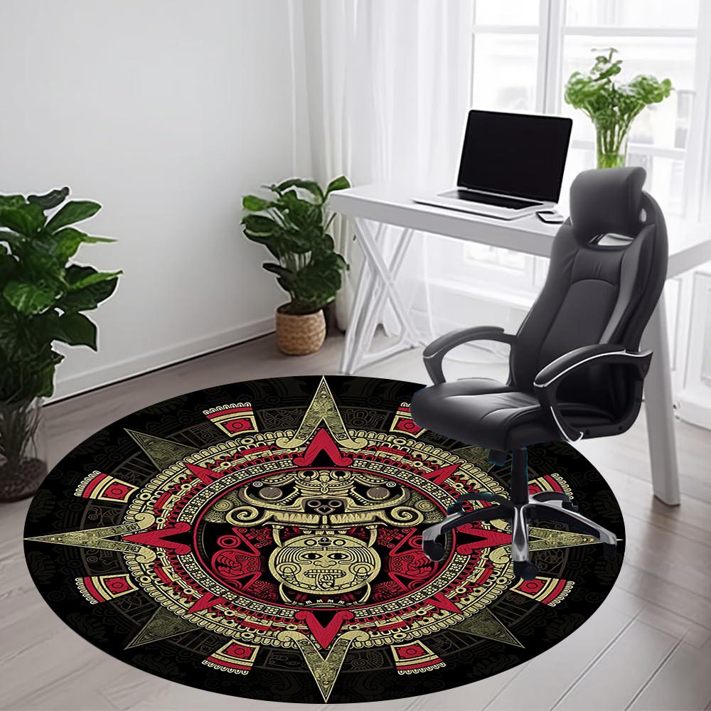 1PC Mayan Calendar Aztec Sun Office Round Area Rug, Mat Suitable For Office, Under Office Chairs Bedroom Living Room Home Decor, Room Deco