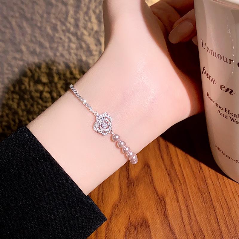Inlaid Zircon Pearl Rose Bracelet: Elegant, Versatile, High-End Commuter Bangle