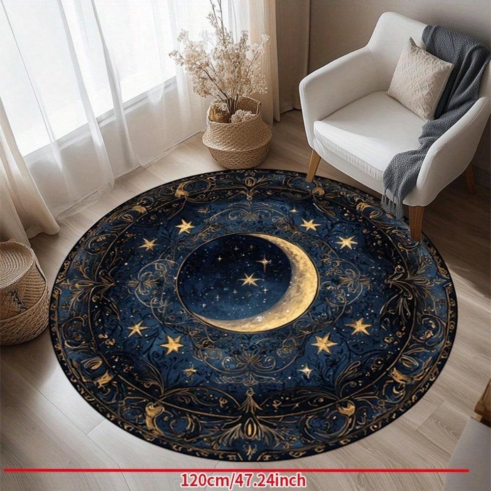 Star & Moon Pattern Circular Floor Mat , Non-Slip, Easy To Clean, Suitable For Living Room, Bedroom, Entryway