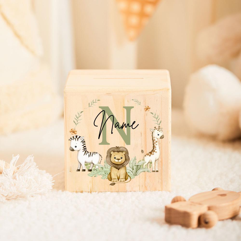 Personalized Money Box Initial with Name Kids Money Boxes Safari Animal Coin Collection Case Wooden Coin Bank Child Shower Gift