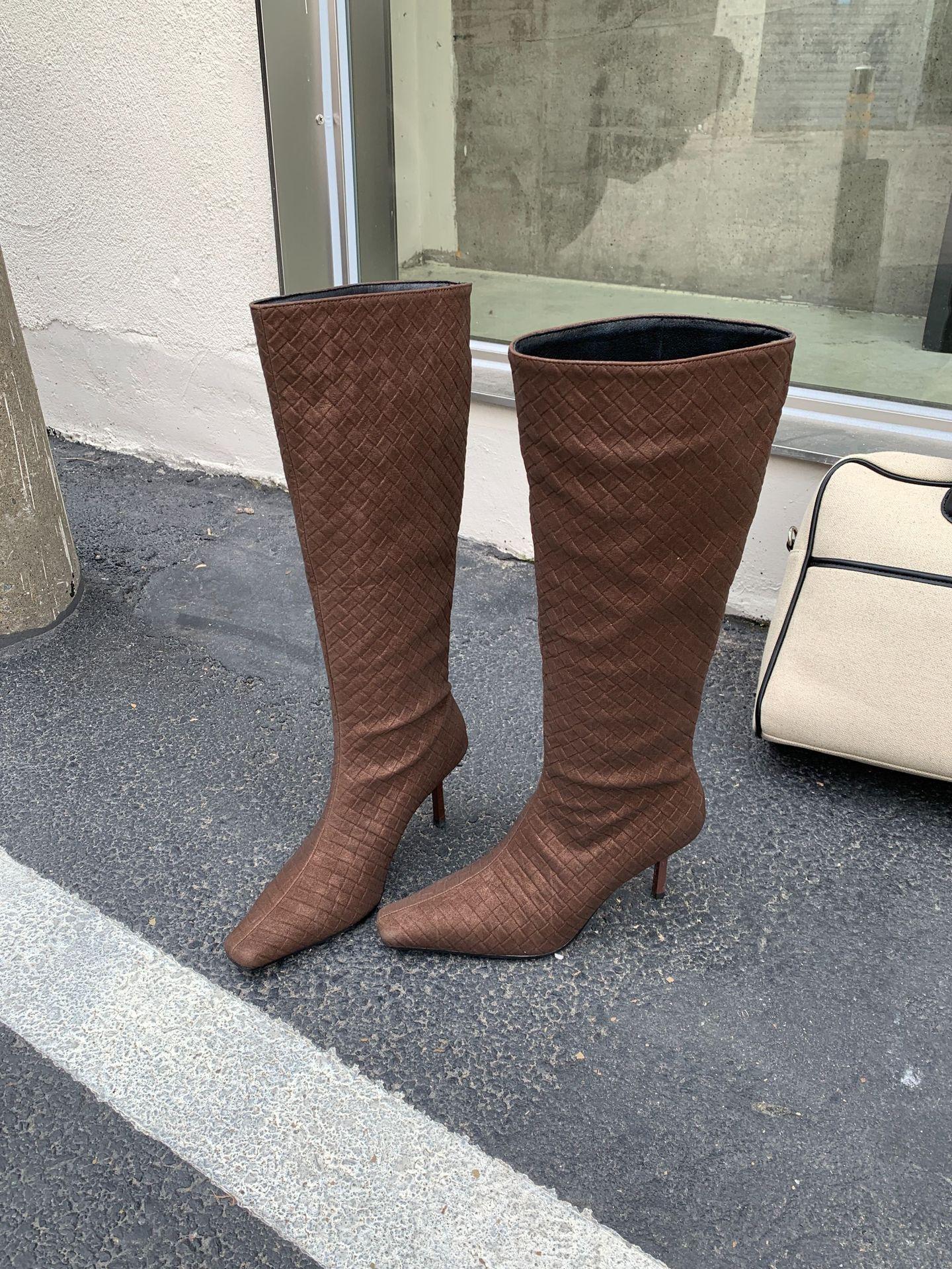 

2025 autumn and winter new European and American suede square heel high heel temperament French fashion sexy beautiful women boots 39 коричневый