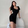 Simple, sweet and spicy, sexy big U-neck tight-fitting hip-wrapped dress, women's summer ins style black skirt