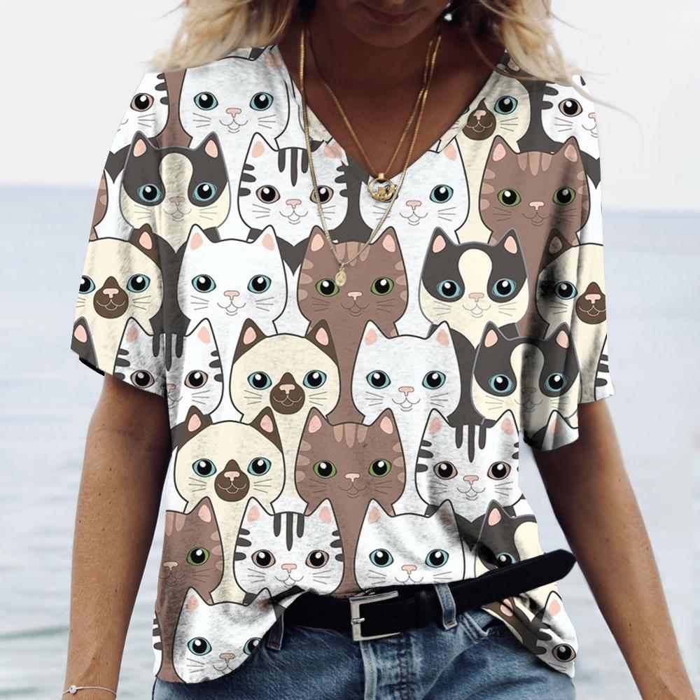 Cartoon Kitten Women's T Shirt Harajuku Clothing Summer V-Neck Girls Pullover  Short Sleeve Tees Female Casual Streetwear