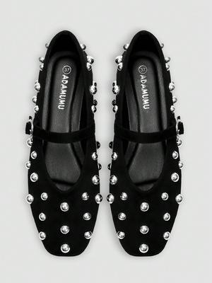Schwarze Mary Jane Ballerinas, Silberne Nietenverzierung mit einer Schnalle, Retro Elegante Schuhe